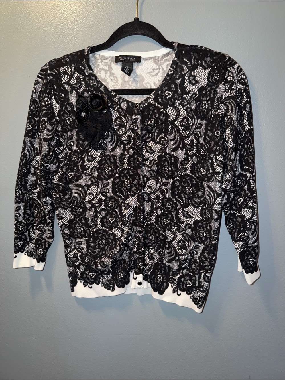 White House Black Market Black & White Lace-Overlay Cardigan with Floral Rosette